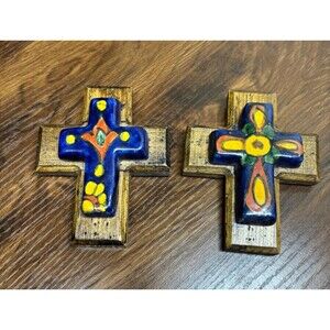 2 90S SMALL Mexican BLUE Talavera Pottery Cross Inlaid WOOD Wall Hanging 4" X 3"